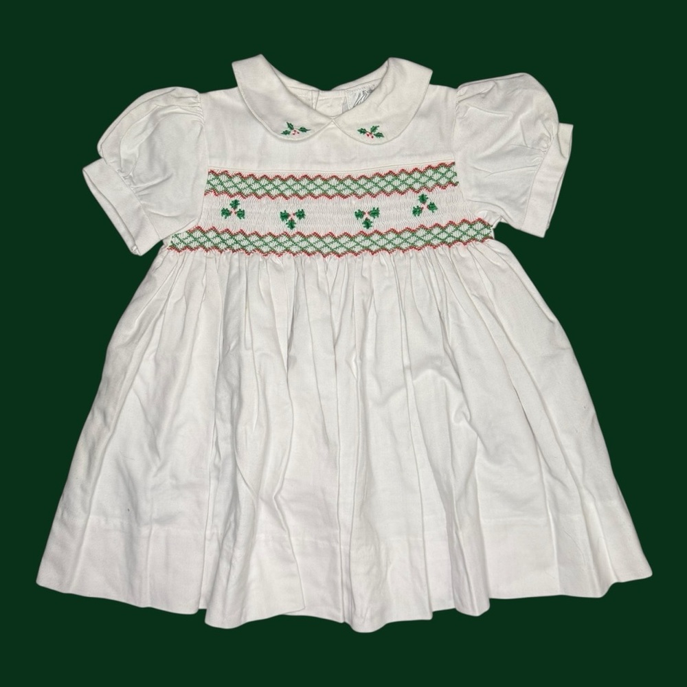 Vintage Holiday Smocked Dress – White with Holly Embroidery (2T)